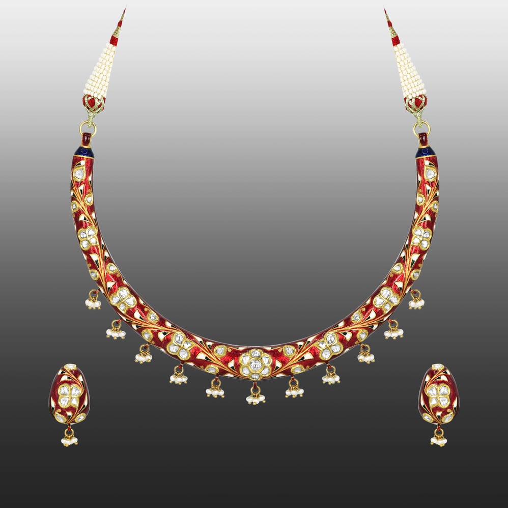 Polki Hasli Necklace Set with Red Enamel and Pearl Beads